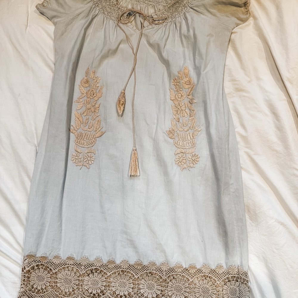 Rose and Rose Embroidered Midi Dress in Cream and Soft baby blue